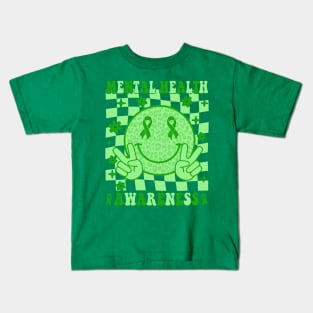 Mental Health Awareness Smile Face Checkered Green Ribbon Kids T-Shirt